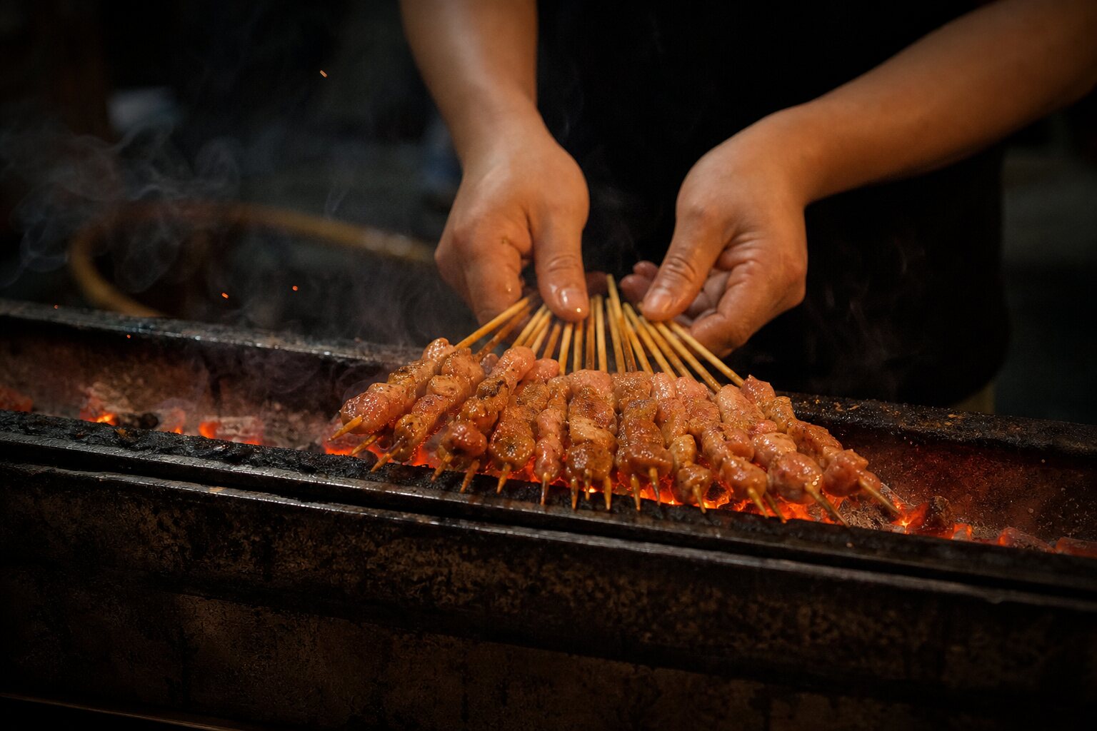 Skewers going onto the charcoal grill at Chuan Bar 2088