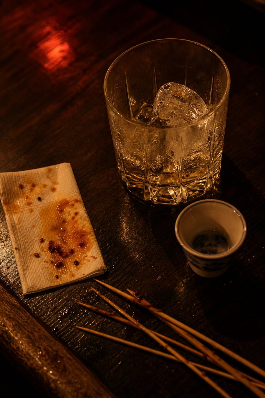 Empty glasses and spent skewer sticks at the end of the night