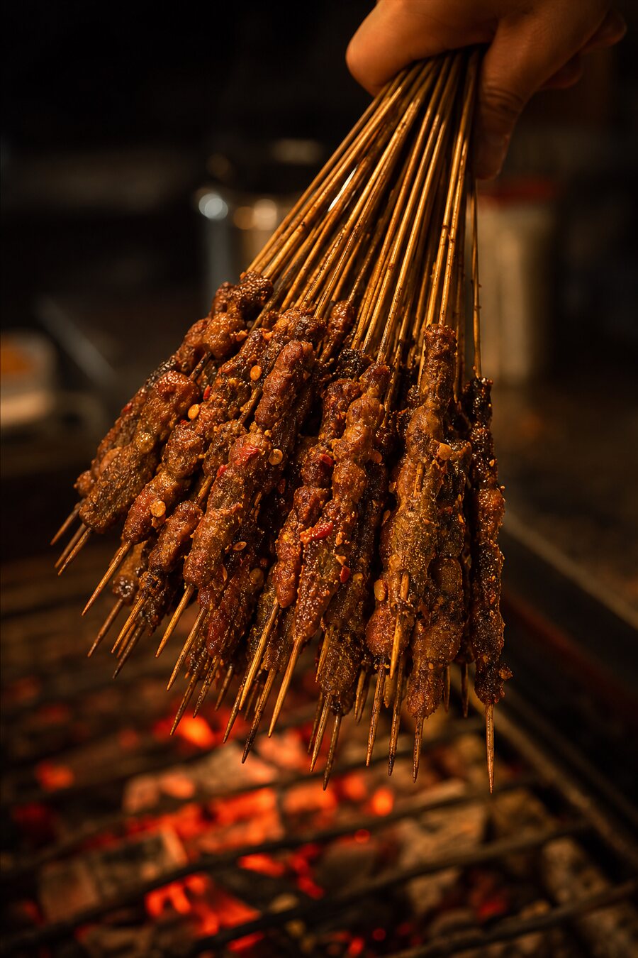 Cumin lamb skewers lifted off the charcoal