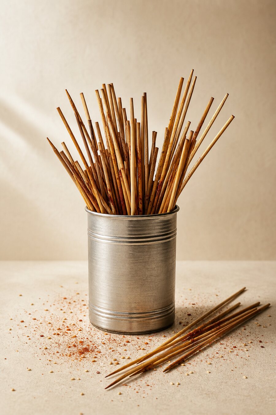 Used skewer sticks in a tin cup