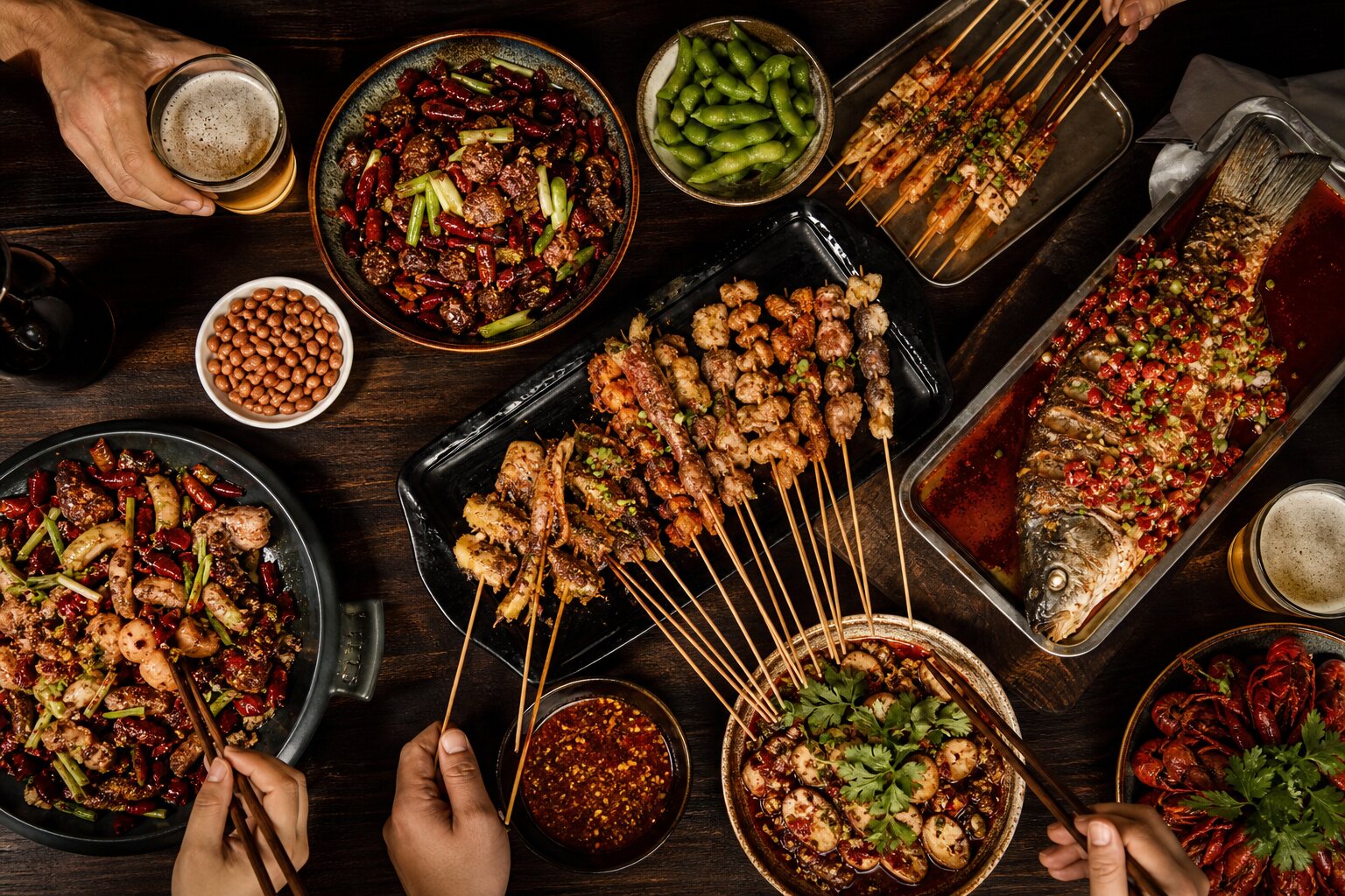 A full table of skewers and Sichuan dishes
